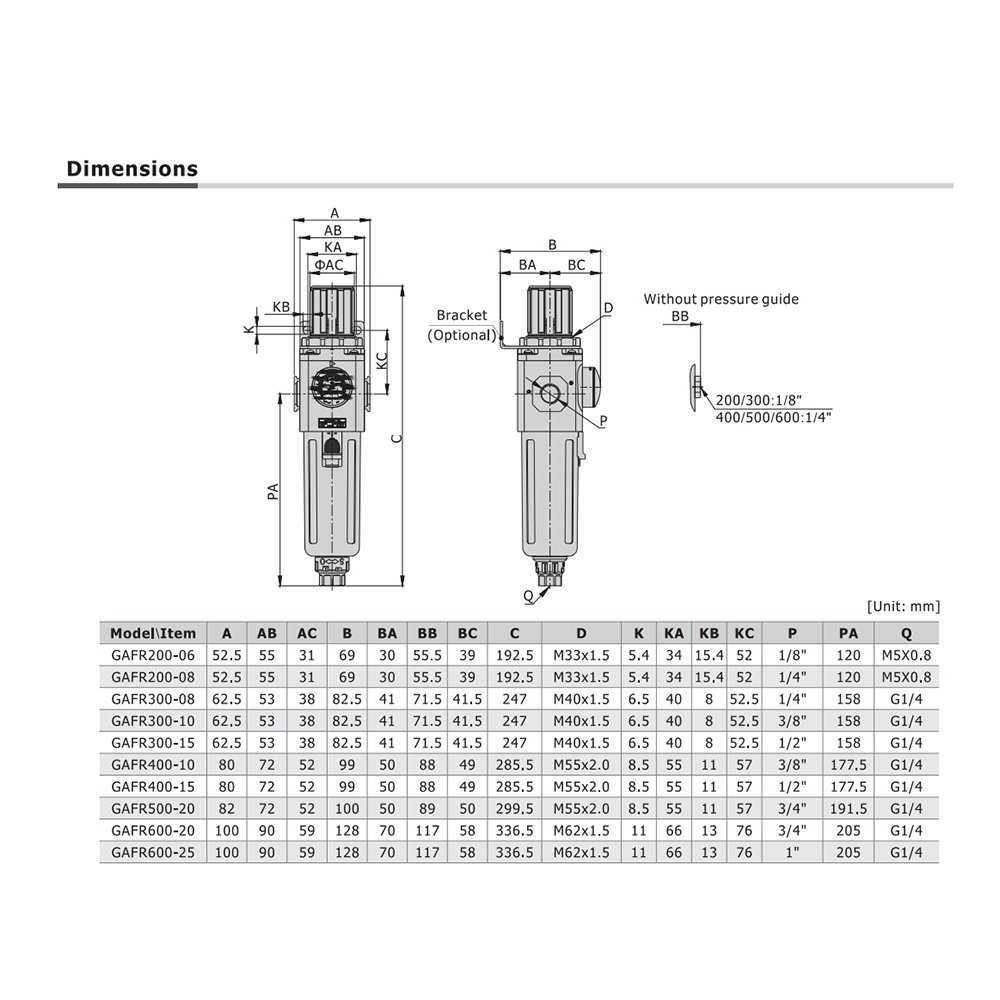 GAFR50020SNTK AIRTAC PARTICULATE FILTER/REGULATOR<BR>GAFR500 SERIES 3/4" NPT 20-130 PSI 40 MIC GA BP VLV MNT BRK